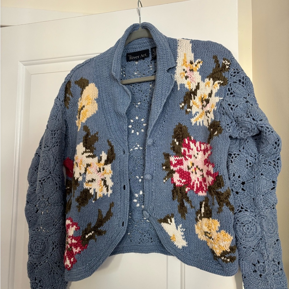 Vintage River Art Blue Floral Cardigan
